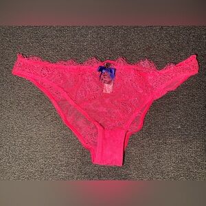 Victoria's Secret Coral Hot Pink Lace Sheer Mesh Panties with Purple Bow NWT